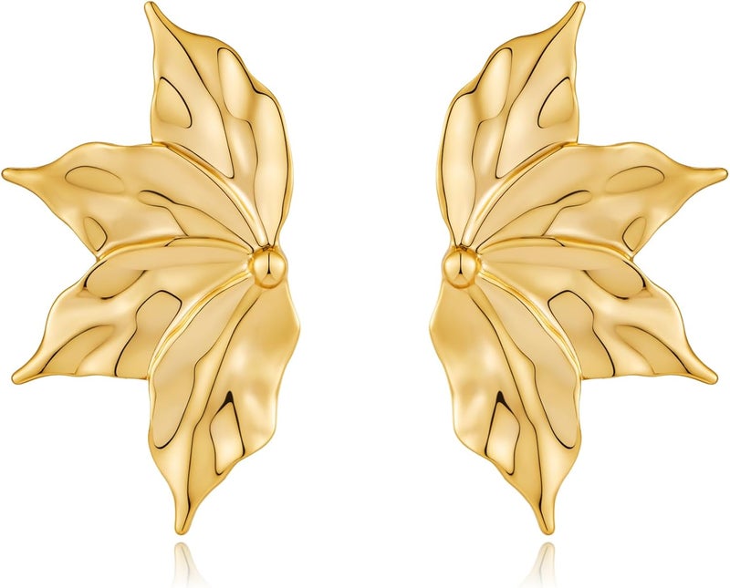 FAUTHENTICUTE Chunky Gold Statement Earrings For Women Gold Plated Sectored Flower Leaf Shell Angel Wing Earrings Large Stud Earrings Hypoallergenic Earrings - Image 1